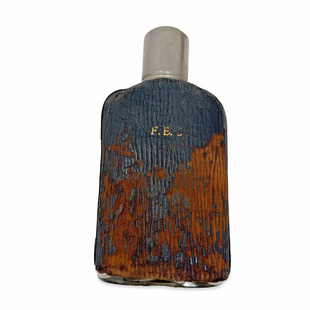 Vintage Leather Wrapped Glass Flask Bottle W/ Metal Cup Cap Monogram F.E.C.